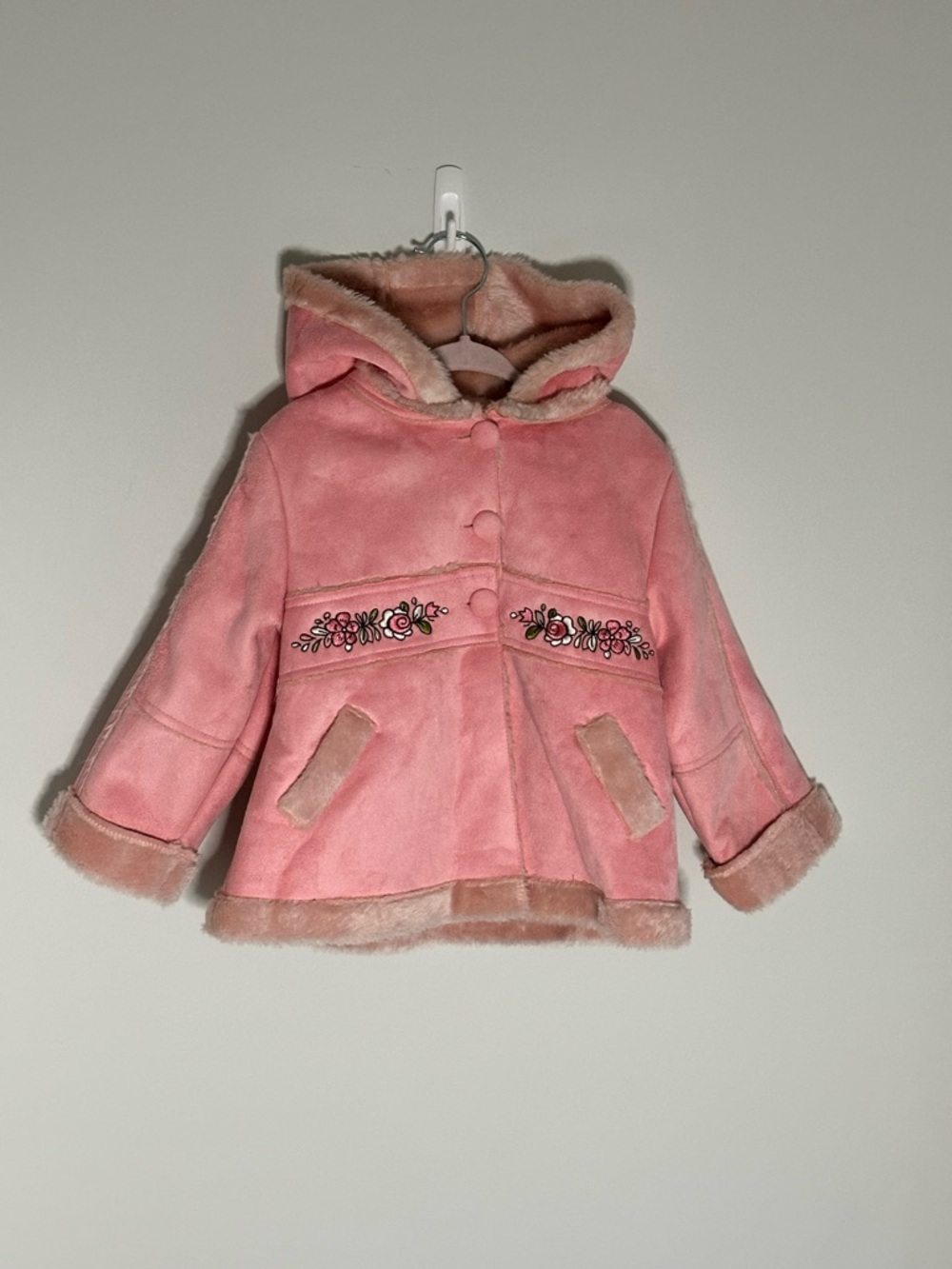 MINIWEAR Girls' Pink Faux Shearling Hooded Coat with Floral Embroidery